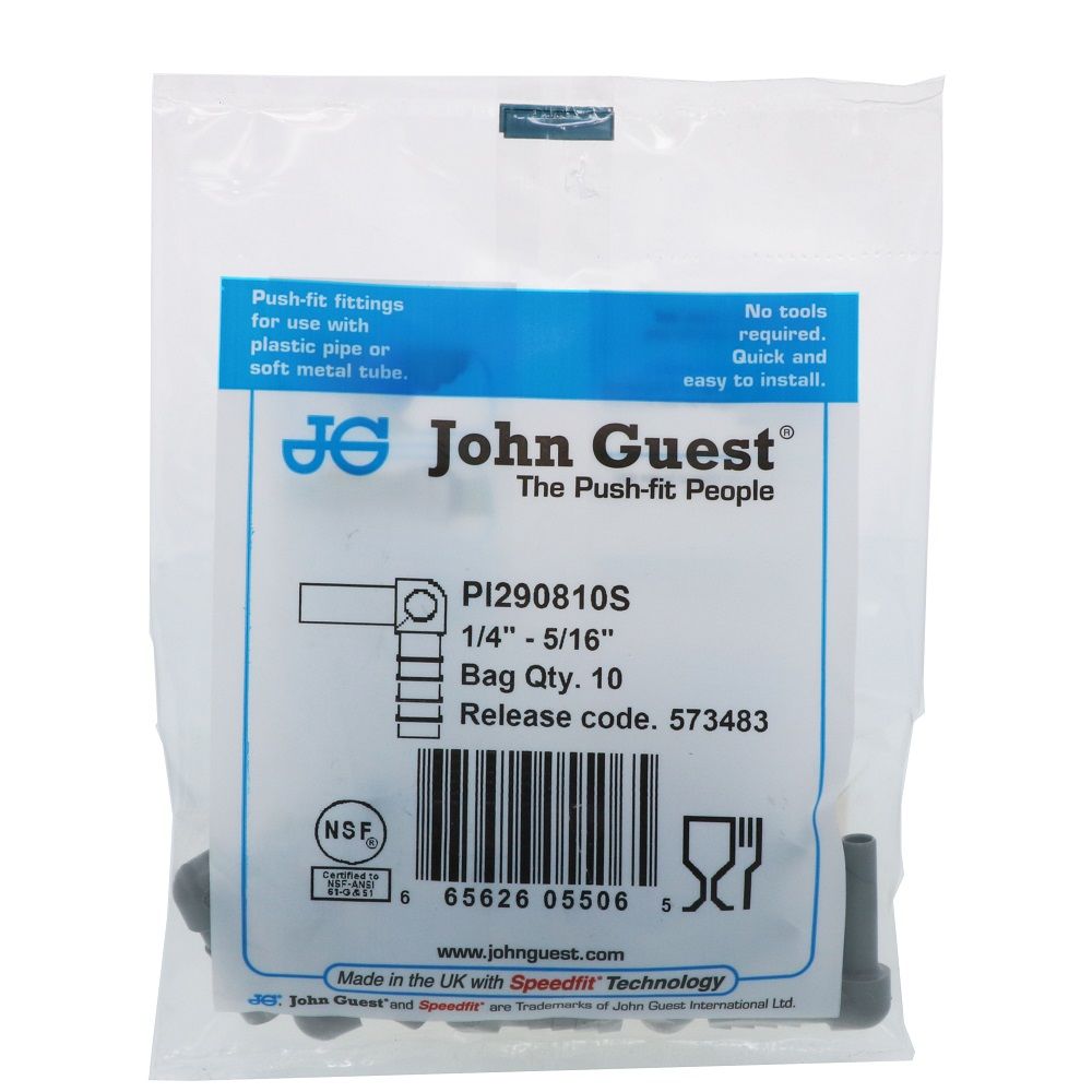 John Guest Stem Elbow Barb Connector - 1/4 OD Stem x 5/16 ID Barb