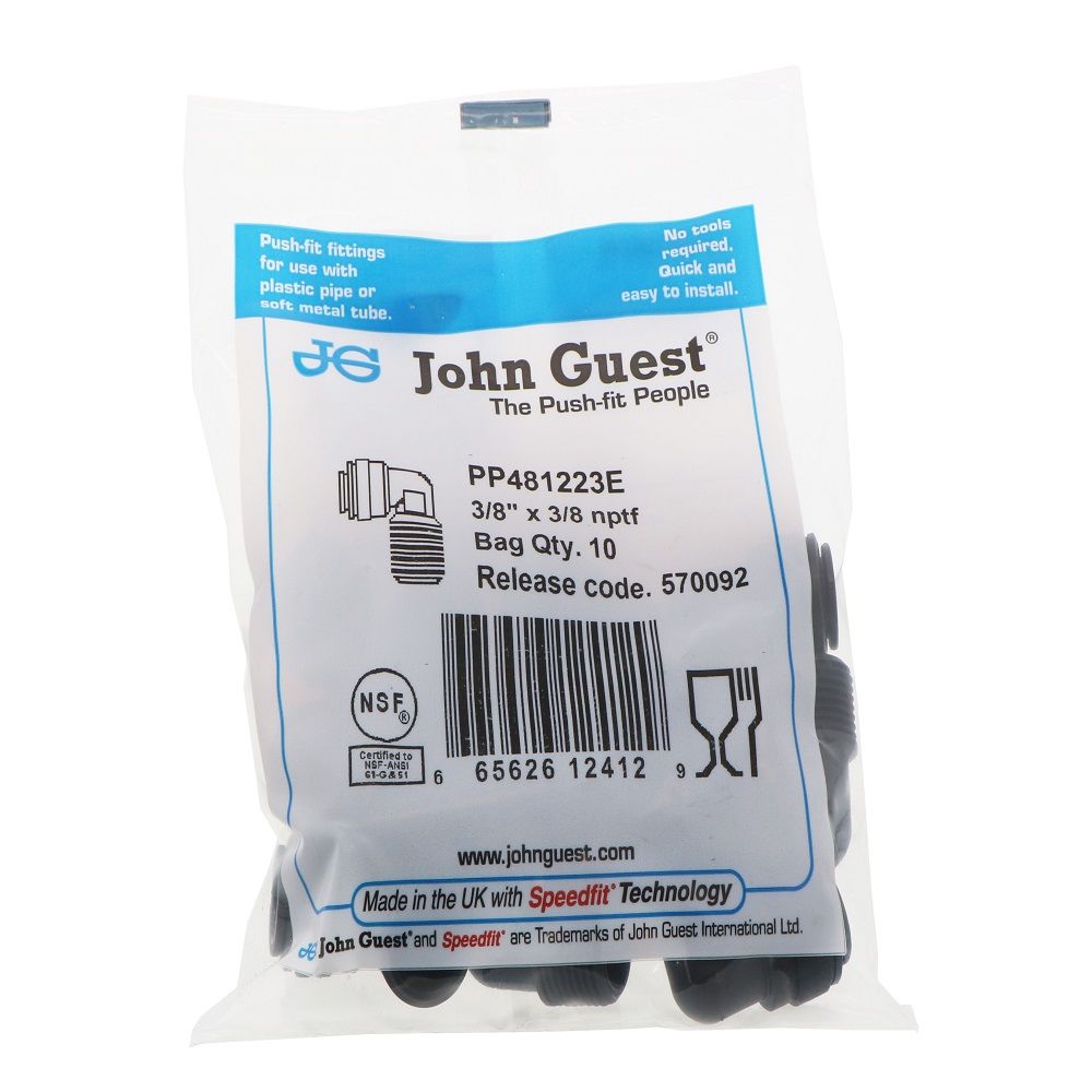 John Guest Fixed Elbow NPTF Black Polypropylene - 3/8 x 3/8 NPTF