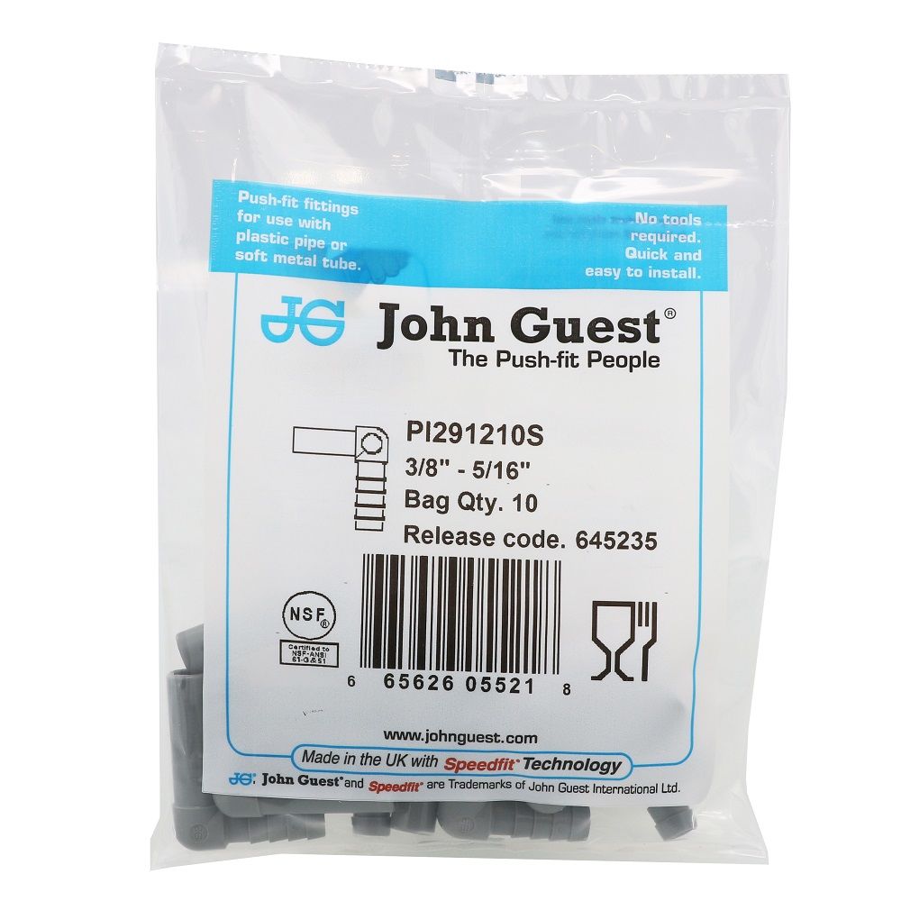 John Guest Stem Elbow Barb Connector - 3/8 OD Stem x 5/16 ID Barb