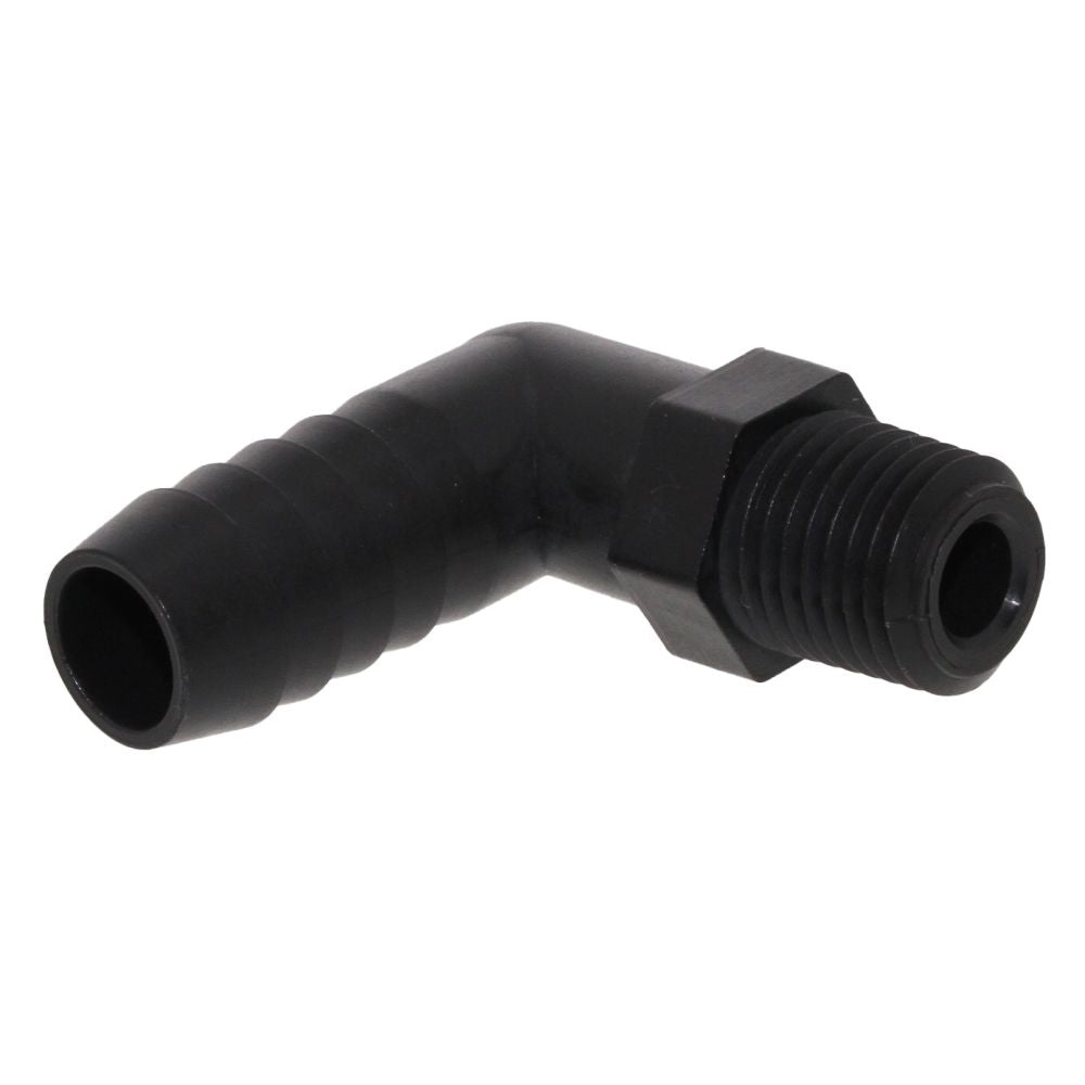 Male Elbow Barb x Male NPT - 1/2" HB x 1/4" MNPT - Black Polypropylene