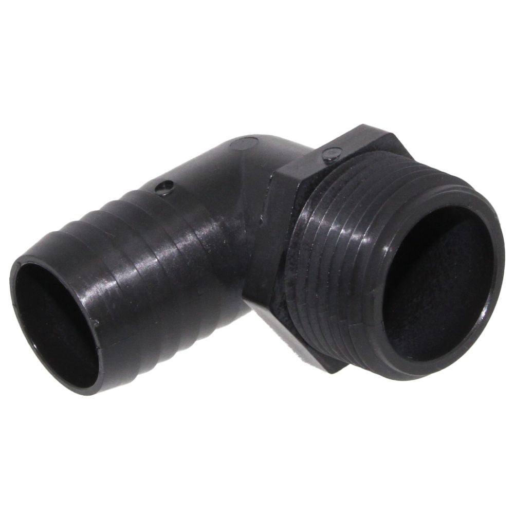 Male Elbow Barb x Male NPT - 3/4" HB x 1" MNPT - Black Polypropylene
