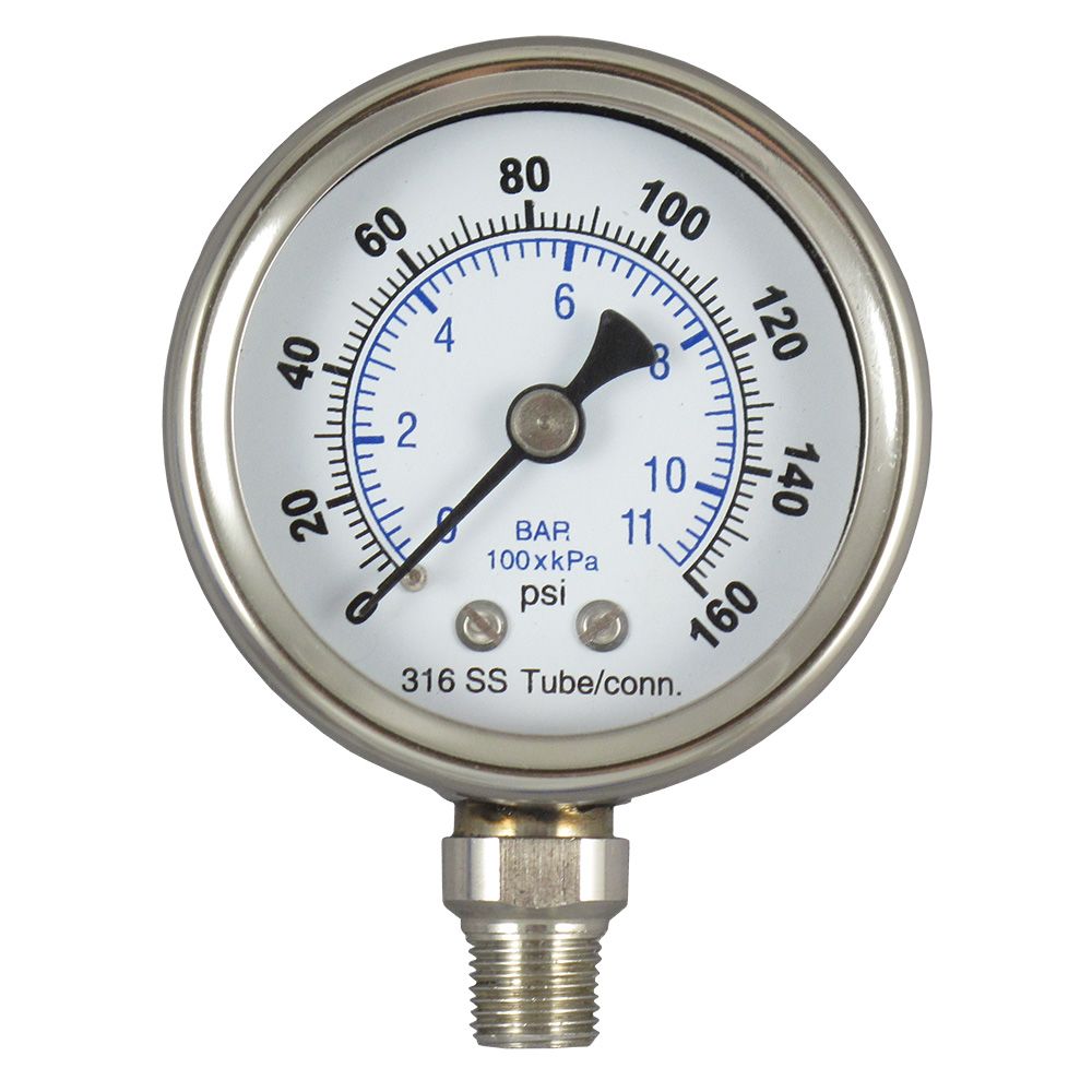Water Pressure Gauge 160 PSI, 1/4" MPT, 2.5" Glass Dial, Lower Mount, SS Case
