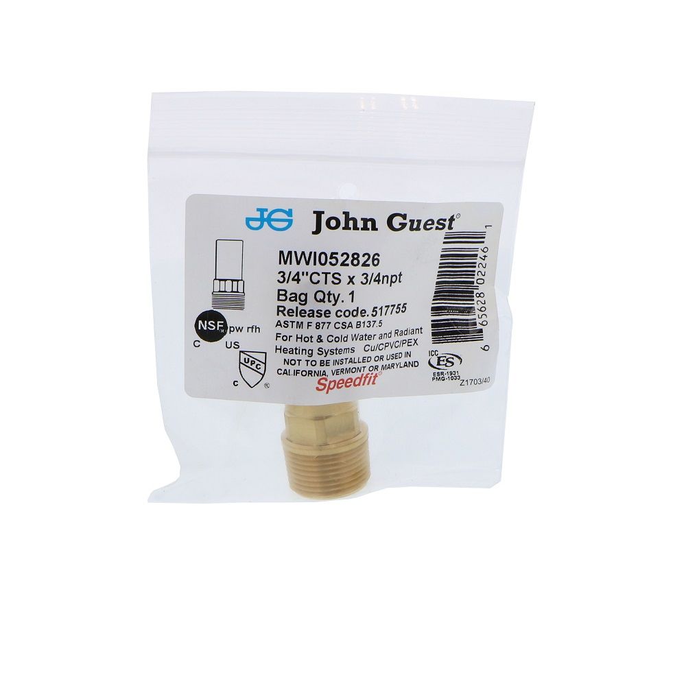 John Guest Brass Male Stem Adapter NPT - 3/4 CTS x 3/4 NPT