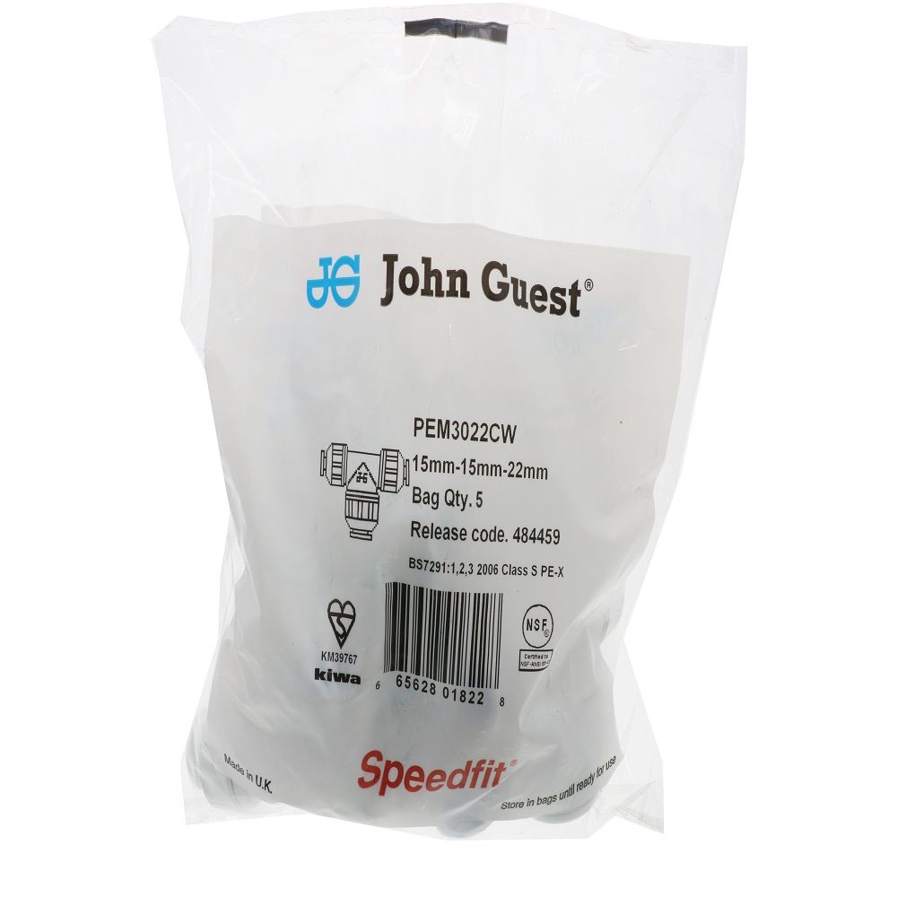 John Guest Reducing Tee - 15mm x 15mm x 22mm