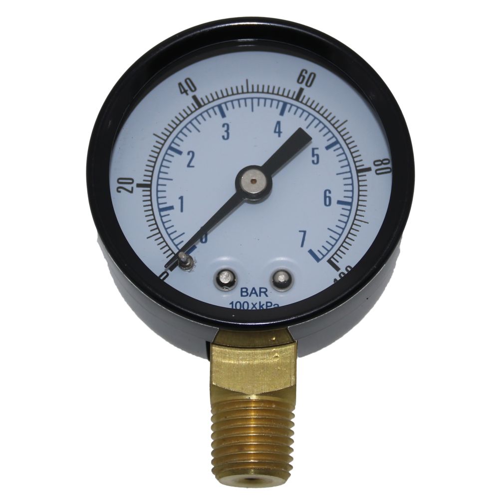 Water Pressure Gauge 100 PSI, 1/4" MPT, 2.0" Glass Dial , Lower Mount, Black Steel Case