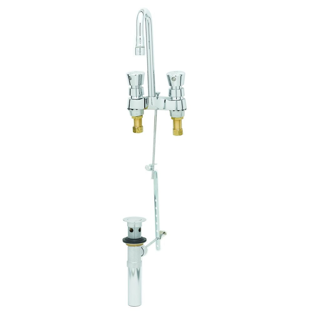 T&S Brass B-0833 Deck Mount Slow Self Closing Centerset Lavoratory Metering Faucet w/ Push Button Handles, Rigid Gooseneck, Pop Up Drain Assy