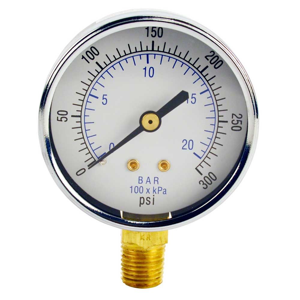 Water Pressure Gauge 300 PSI, 1/4" MPT, 2.5" Glass Dial, Lower Mount, Black Steel Case