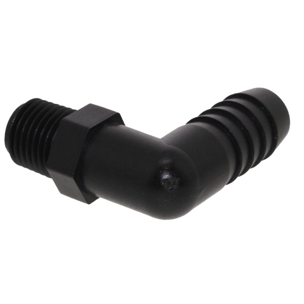 Male Elbow Barb x Male NPT - 3/8" HB x 1/8" MNPT - Black Polypropylene