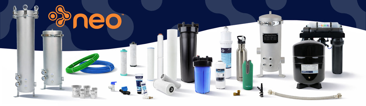 Neo water filtration components and replacement filter cartridges