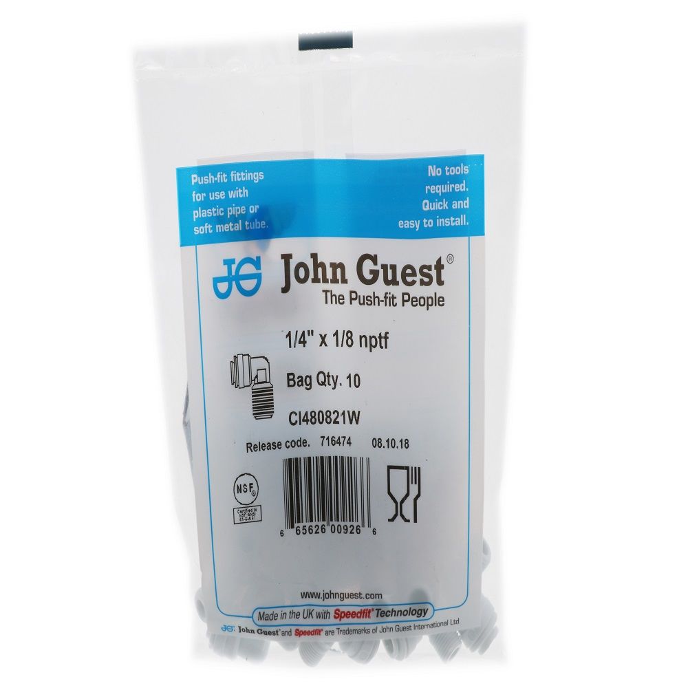 John Guest Fixed Elbow NPTF - 1/4 QC x 1/8 MPT