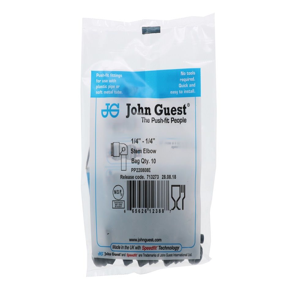 John Guest Stem Elbow Connector Black Polypropylene - 1/4 Stem x 1/4