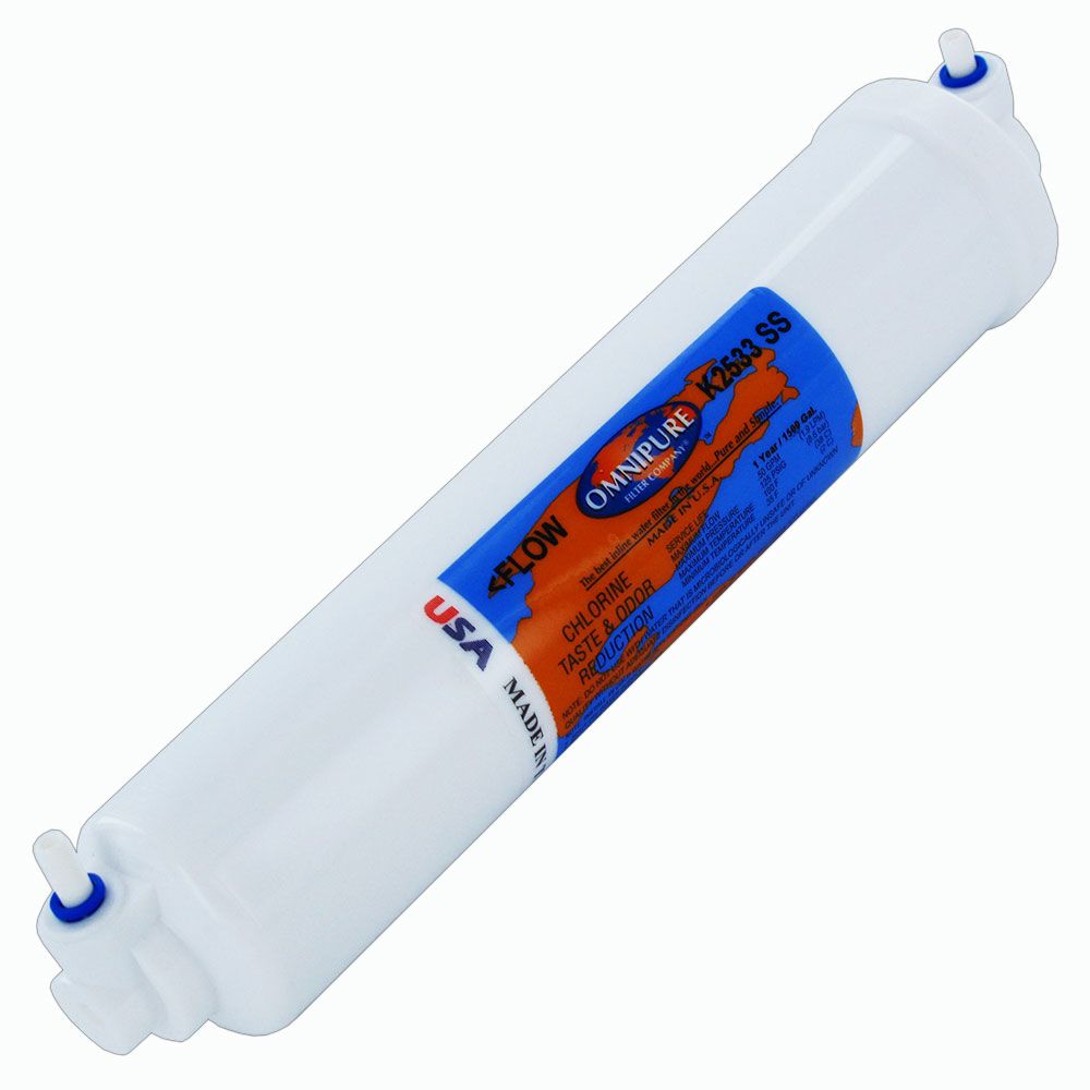 Omnipure Inline K2533-SS GAC Postfilter - 10" x 2" Filter - 1/4" 90 deg Elbow Quick Connect