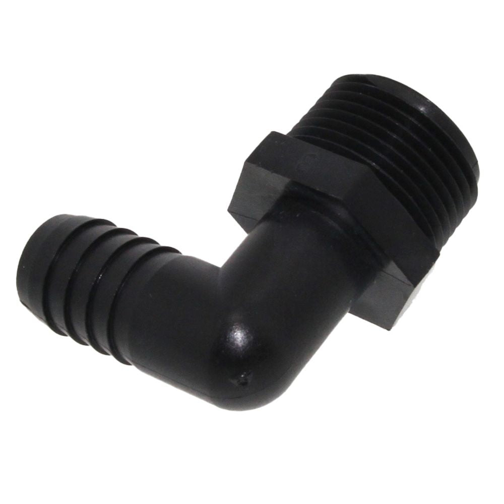 Male Elbow Barb x Male NPT - 1/2" HB x 1" MNPT - Black Polypropylene