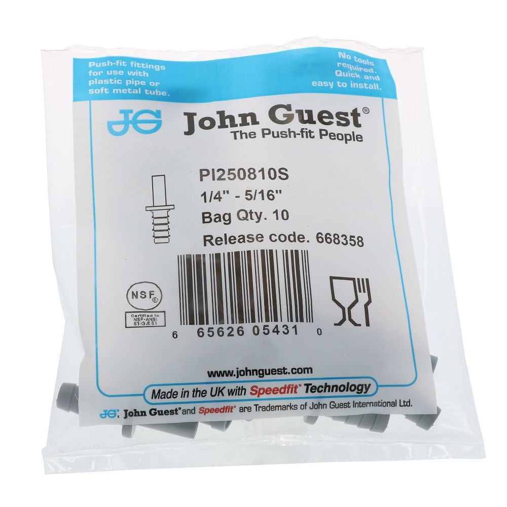 John Guest Stem Barb Connector - 1/4 OD Stem x 5/16 ID Barb
