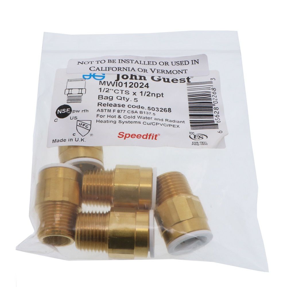 John Guest Brass Male Connector NPT - 1/2 CTS x 1/2 NPT