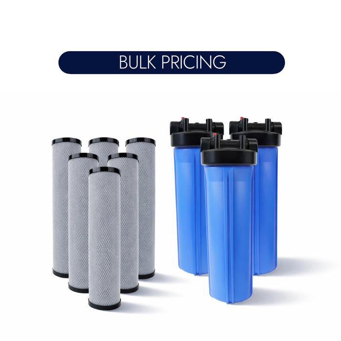 Set of gray filter cartridges and blue water filters with 'Bulk Pricing' text on a white background.