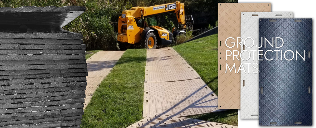 Ground protection mats with a construction site background featuring a JCB vehicle.