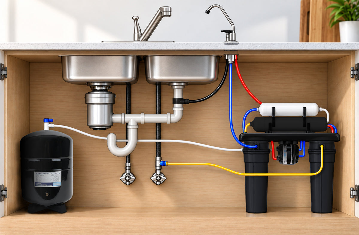 Under-sink water filtration system installed in a wooden cabinet beneath a double-basin stainless steel sink. The setup includes a black water filter tank on the left, a black and white filter cartridge on the right, and connected pipes in white, blue, red, and yellow.
