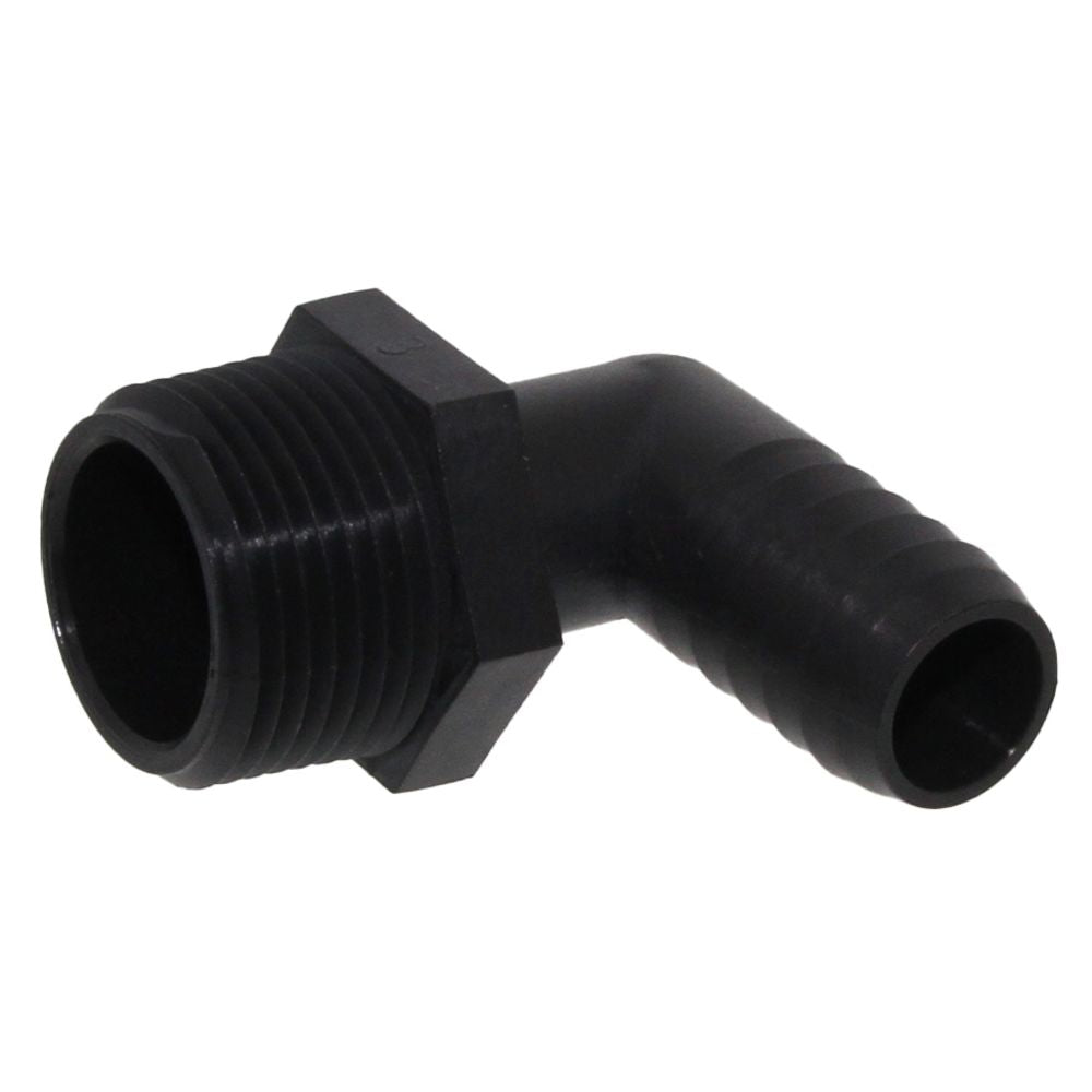 Male Elbow Barb x Male NPT - 5/8" HB x 1" MNPT - Black Polypropylene