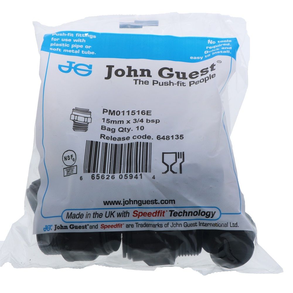 John Guest Male Connector BLACK ACETAL - 15mm x 3/4 BSP