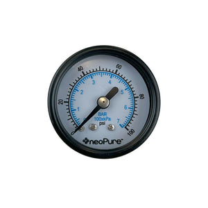 Water Pressure Gauge - 100 PSI, 1/8" MPT, 1.5" Glass Dial, Center Mount, Black Steel Case