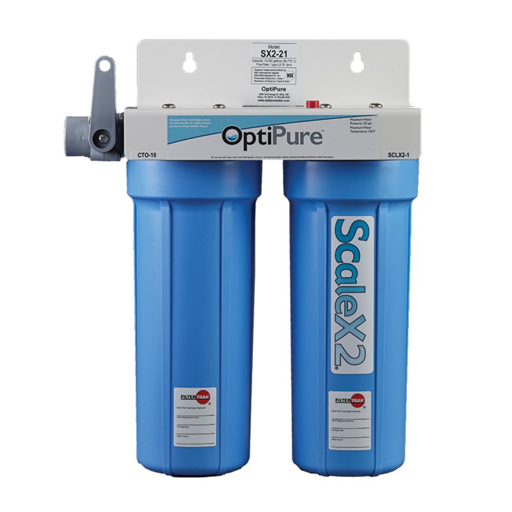 Optipure 10" Dual Housing Water w/ Sediment 0.5 Micron 1.5 gpm 15k Cap Scale System