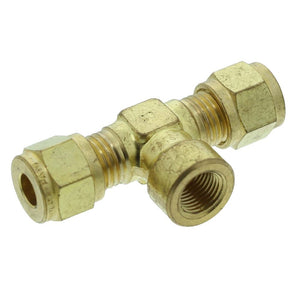 Brass Compression Female Branch Tee - 1/4 compression x 1/4 compression x 1/8 FPT
