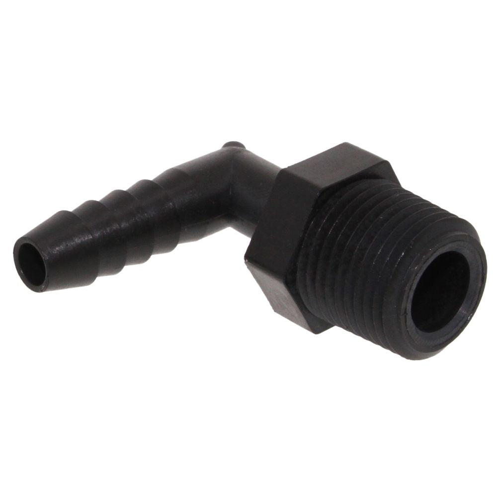 Male Elbow Barb x Male NPT - 1/4" HB x 1/2" MNPT - Black Polypropylene