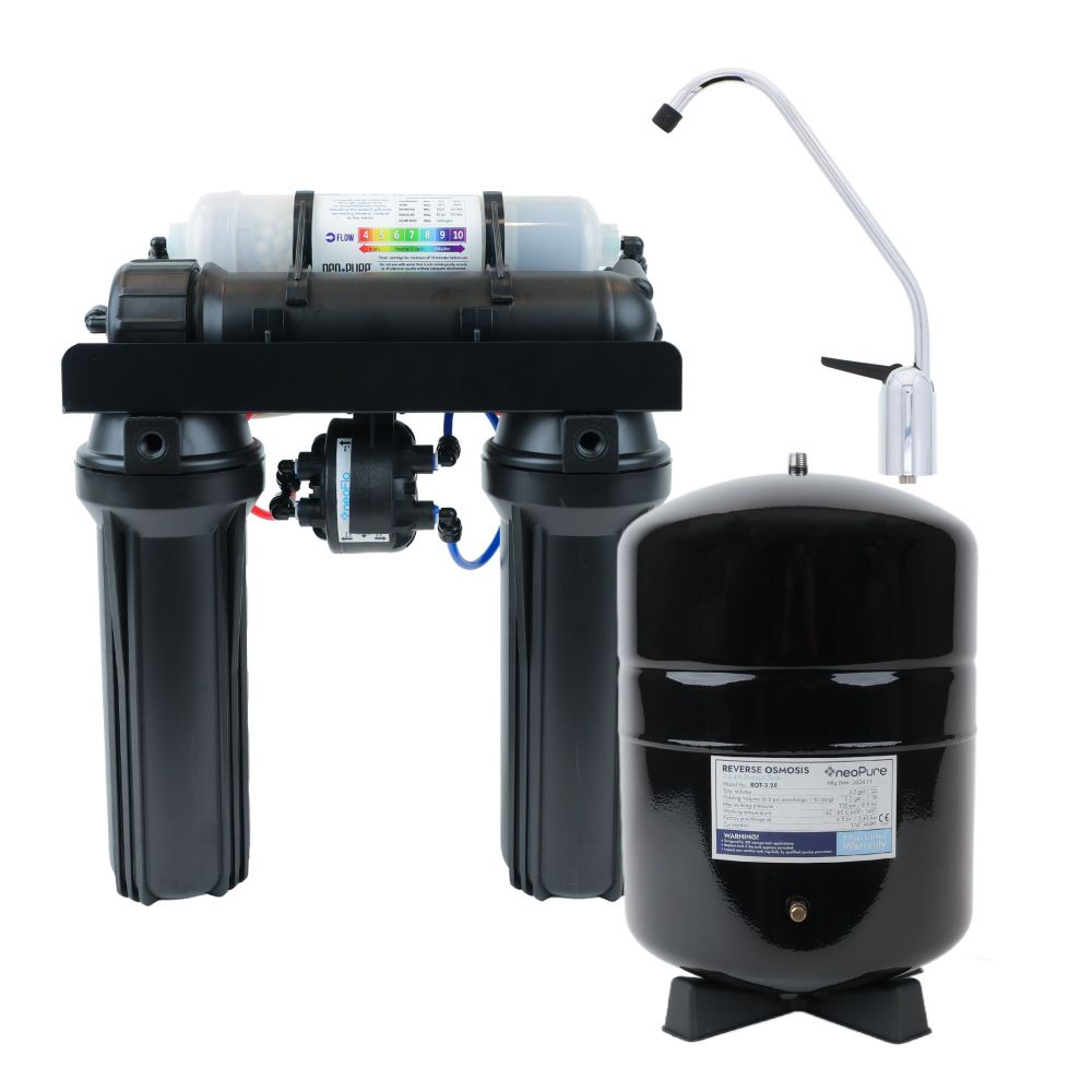 neoPure 4 Stage 25 GPD Residential Full Solution RO System, 0.5µ CTOX, Permeate Pump & AG Faucet CH