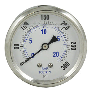 Water Pressure Gauge 300 PSI, 1/4" MPT, 2.5" Plastic Dial, Center Mount, SS Case