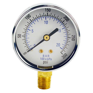 Water Pressure Gauge 300 PSI, 1/4" MPT, 2.5" Glass Dial, Lower Mount, Black Steel Case
