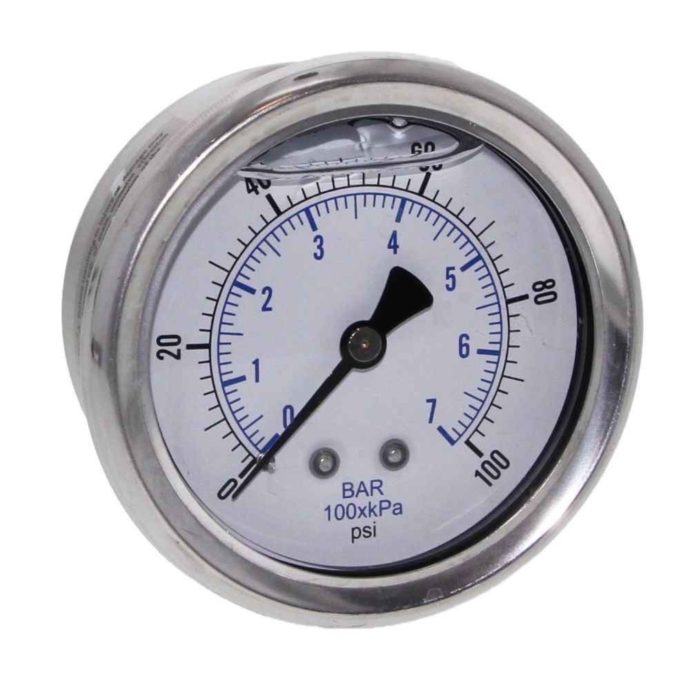 Water Pressure Gauge 100 PSI, 1/4" MPT, 2.5" Plastic Dial, Center Mount, SS Case