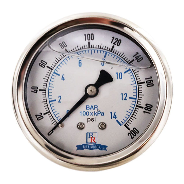 Water Pressure Gauge 200 PSI, 1/4" MPT, 2.5" Plastic Dial, Center Mount, SS Case