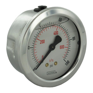 NOSHOK Center Mount 2.5" Water Pressure Gauge 0-100 PSI, SS, 1/4" NPT