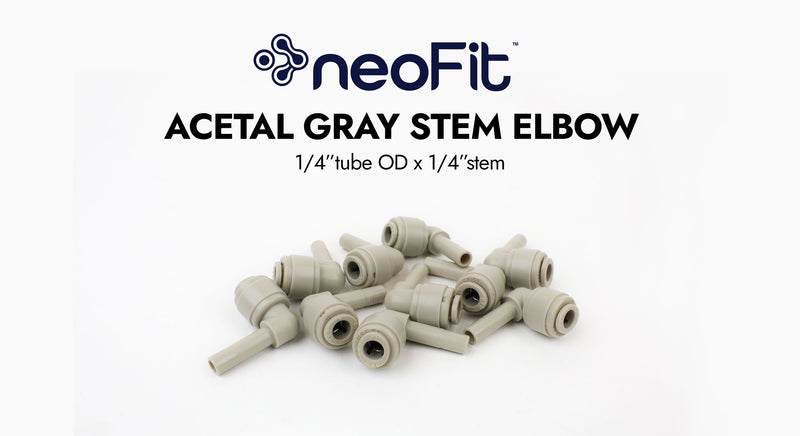 neo Acetal gray stem elbow with neoFit branding on a white background