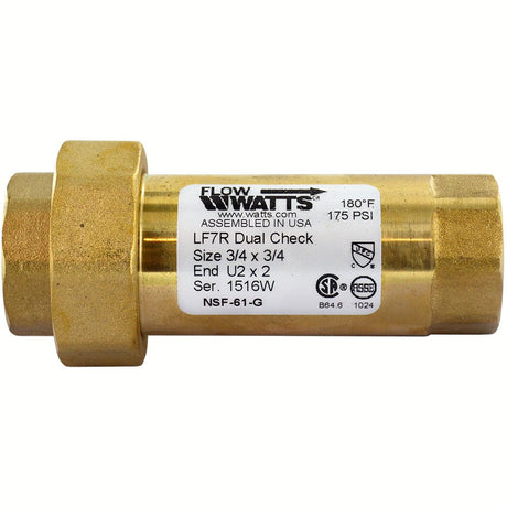 Watts LF7RU2-2 Lead Free Dual Check Valve 3/4 Union FNPT x 3/4 FNPT