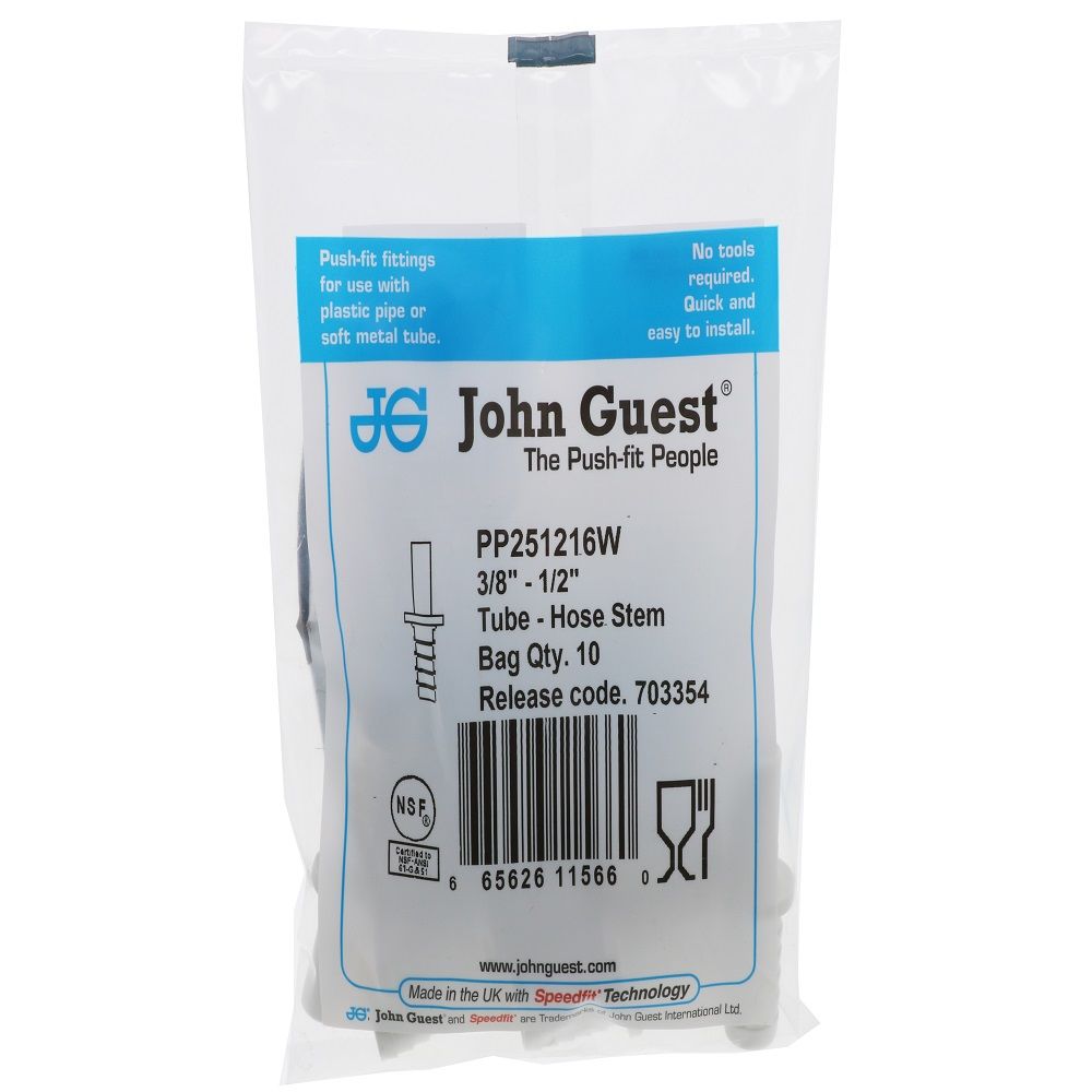 John Guest Polypro Tube to Hose - 3/8 OD Stem x 1/2 ID Barb
