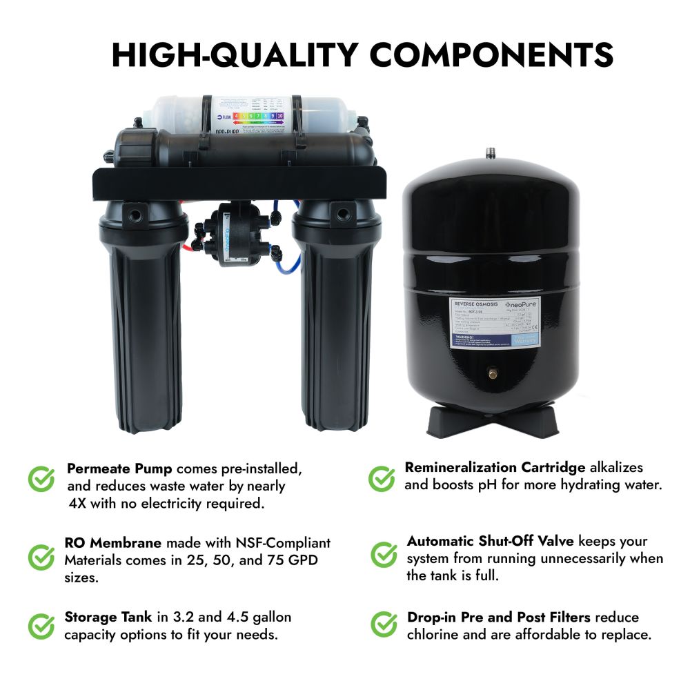 Neo-Pure Residential 4 Stage Full Solution RO System 25 GPD with Alkaline Remineralizer, Permeate Pump