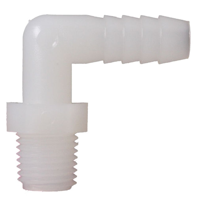 Male Elbow Barb x Male NPT - 3/8" HB x 1/4" MNPT - Natural Nylon