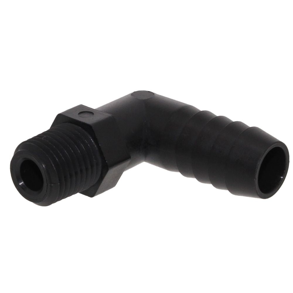 Male Elbow Barb x Male NPT - 1/4" HB x 1/8" MNPT - Black Polypropylene