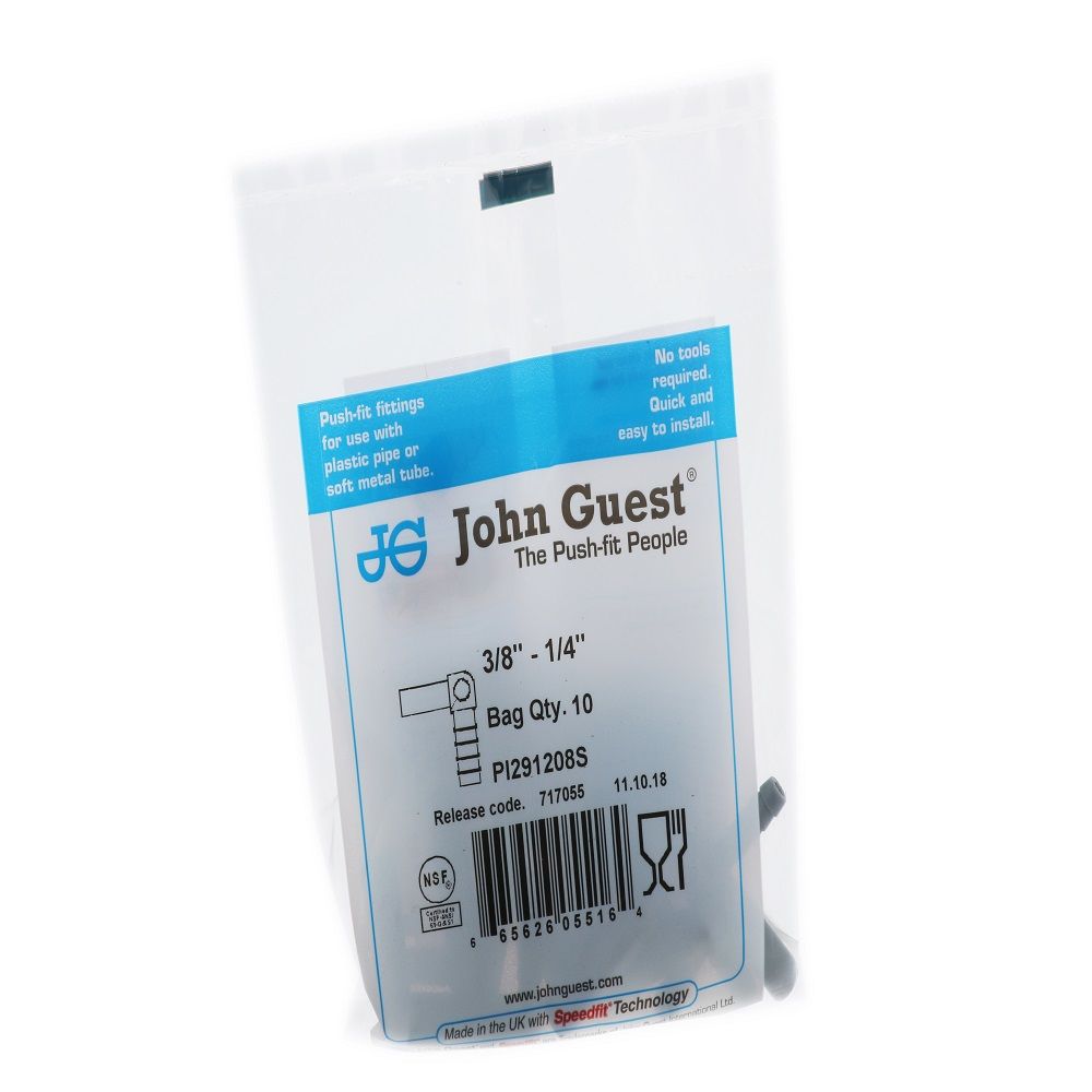 John Guest Stem Elbow Barb Connector  - 3/8 OD Stem x 1/4 ID Barb