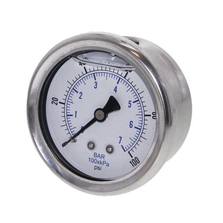Water Pressure Gauge 100 PSI, 1/4" MPT, 2.5" Plastic Dial, Center Mount, SS Case