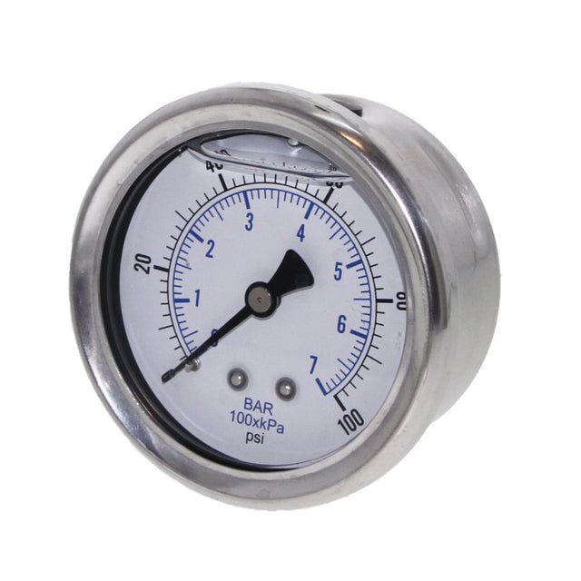 Water Pressure Gauge 100 PSI, 1/4" MPT, 2.5" Plastic Dial, Center Mount, SS Case
