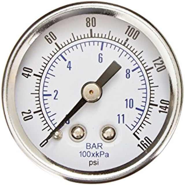 Water Pressure Gauge 160 PSI, 1/8" MPT, 1.5" Glass Dial, Center Mount, Stainless Steel Case