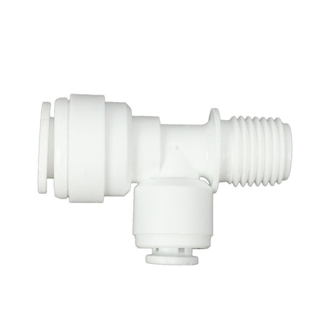 Male Run Tee Acetal 3/8 qc x 1/4 MNPT Run x 1/4 qc Branch