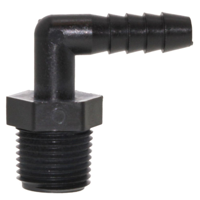Male Elbow Barb x Male NPT - 1/4" HB x 1/2" MNPT - Black Polypropylene