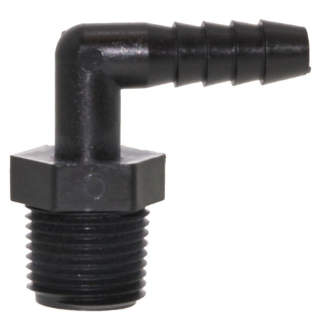 Male Elbow Barb x Male NPT - 1/4" HB x 1/2" MNPT - Black Polypropylene