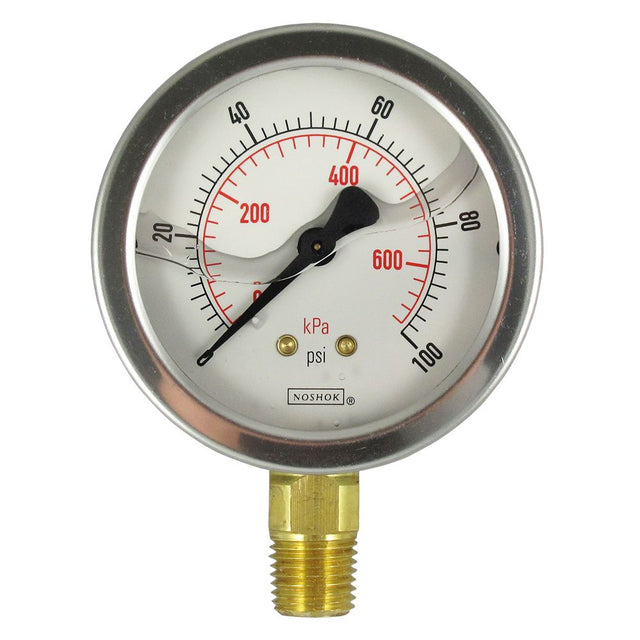 NOSHOK Bottom Mount 2.5" Water Pressure Gauge 0-100 PSI, SS, 1/4" NPT