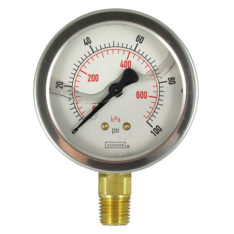 NOSHOK Bottom Mount 2.5" Water Pressure Gauge 0-100 PSI, SS, 1/4" NPT