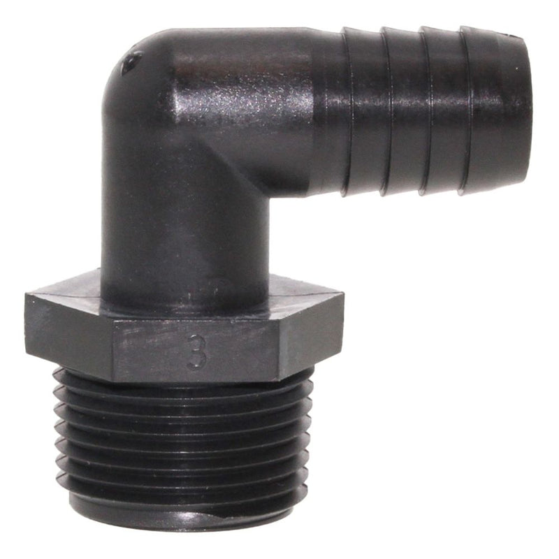 Male Elbow Barb x Male NPT - 1/2" HB x 3/4" MNPT - Black Polypropylene